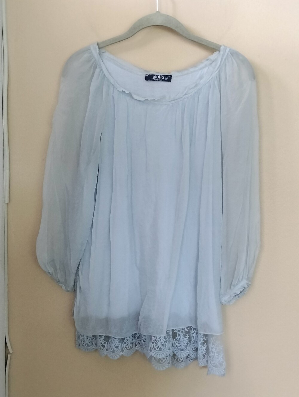 Giulia Silk Light Blue Blouse M Lace Trim Tank Light Airy Stretch Travel